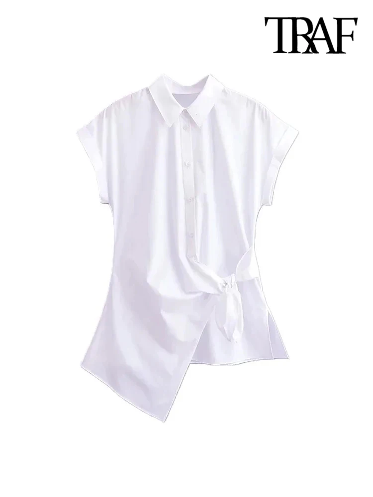 TRAF-Asymmetric Poplin Shirts for Women, Front Knot with Ties, Short Sleeve, Button-up, Female Blouses, Chic Tops, Fashion