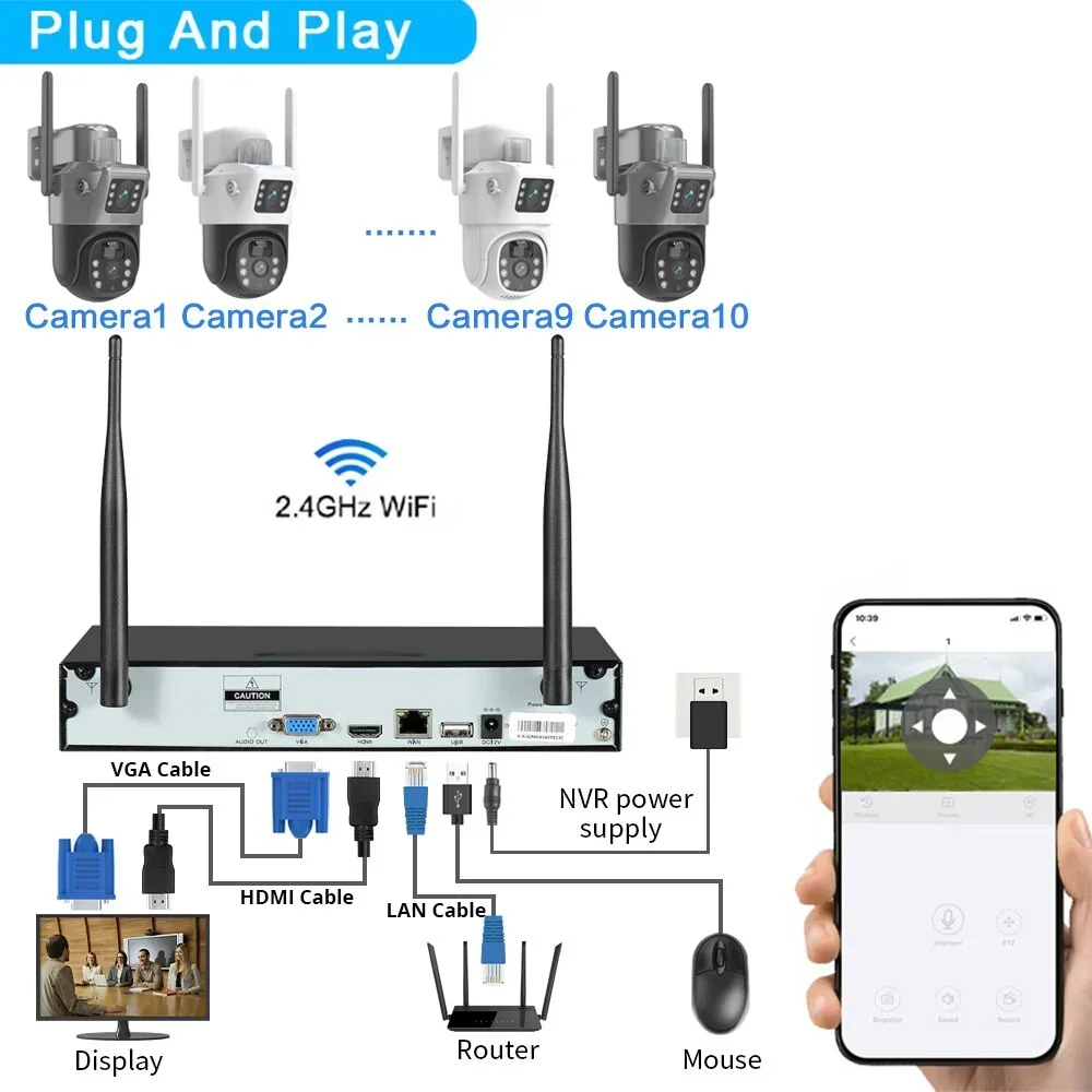 Kamera CCTV 10CH 8MP, peralatan pengawasan Video kamera CCTV sistem keamanan Wifi NVR Eseecloud luar ruangan Audio dua arah pelacakan otomatis