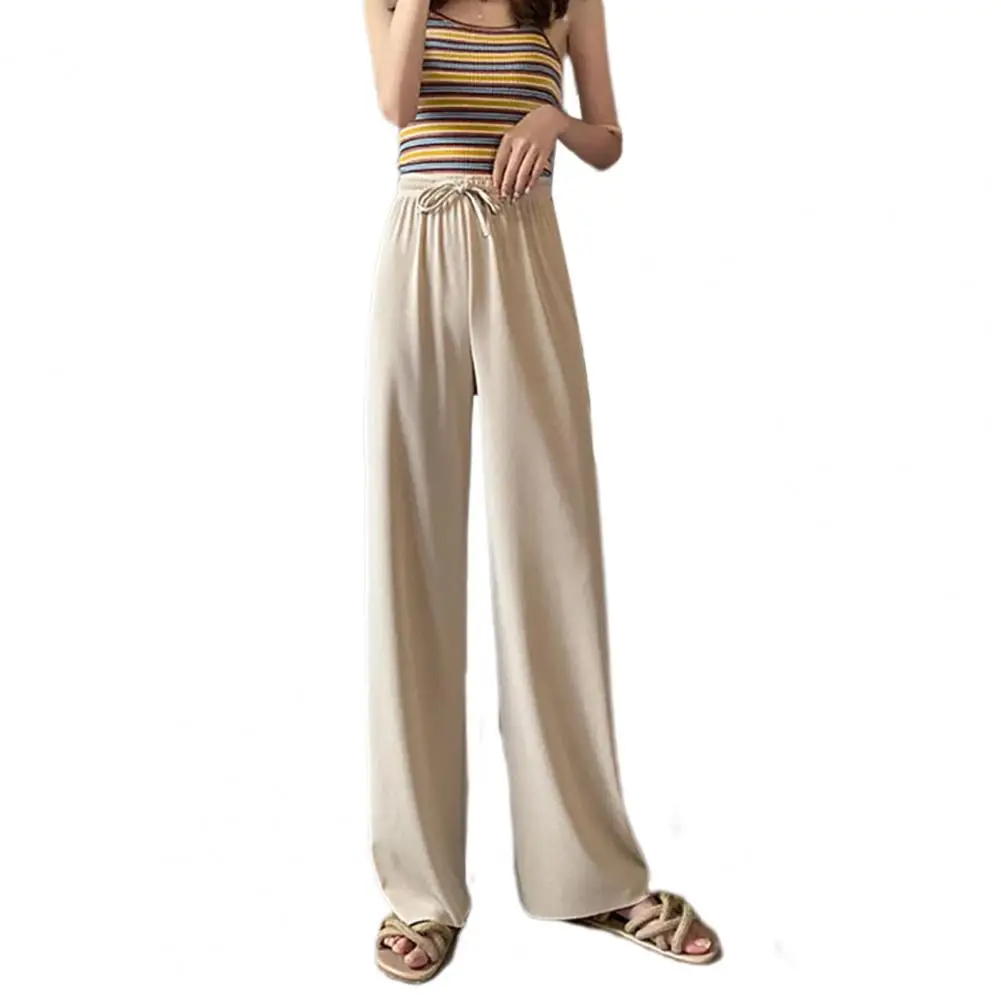 Women's Vertical Stripe Ice Silk Wide Leg Pants Spring And Summer Women's High Waist Drawstring Casual Stretch Straight Trousers