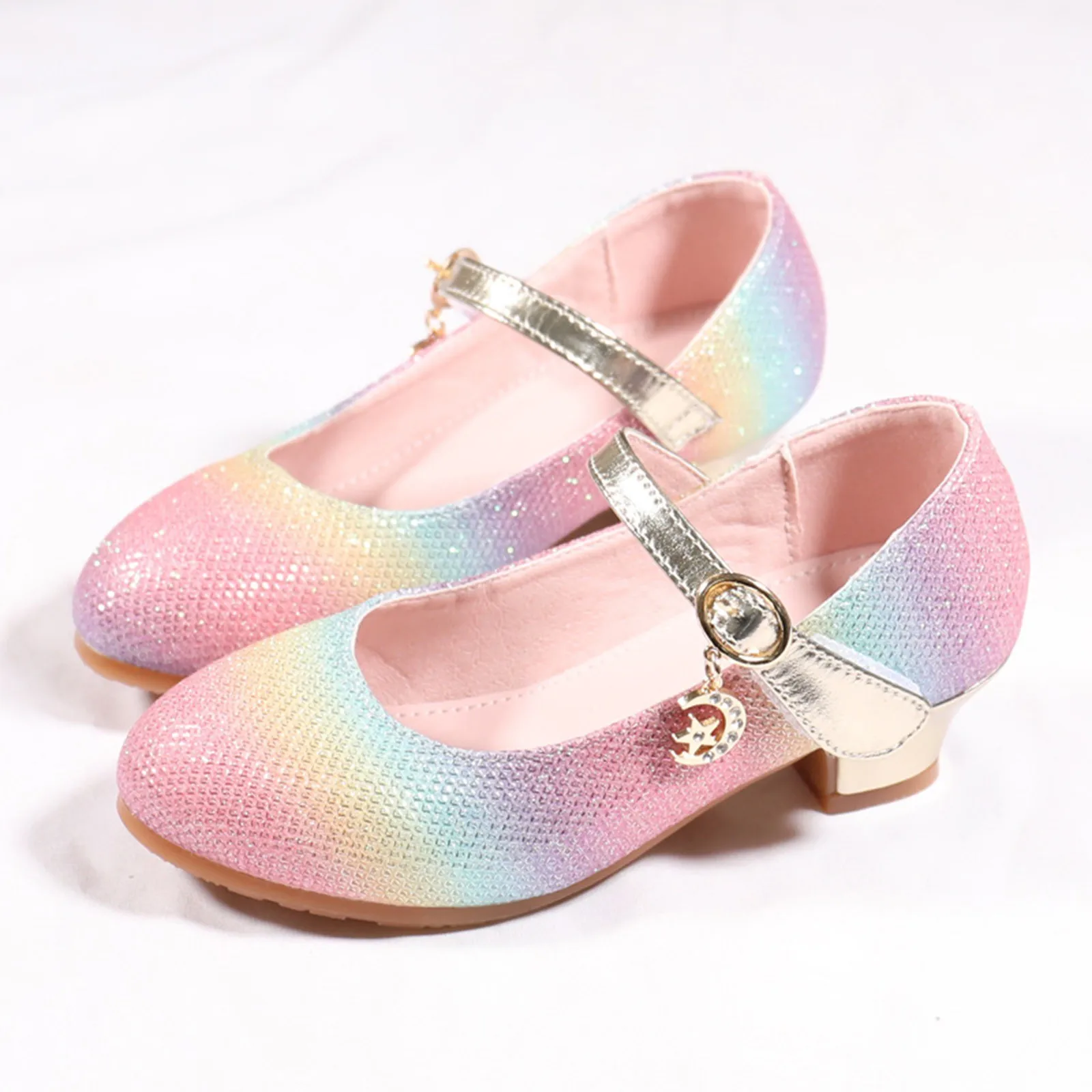 Sapatos princesa com glitter para meninas, salto alto, sapato de couro infantil, lantejoulas arco-íris, festa de casamento infantil, vestido de moda primavera e verão