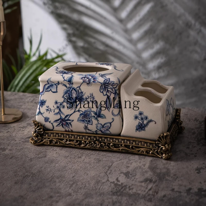 

FG Chinese ceramic tissue box, living room coffee table ornament, creative retro pumping carton, household napkin storage box