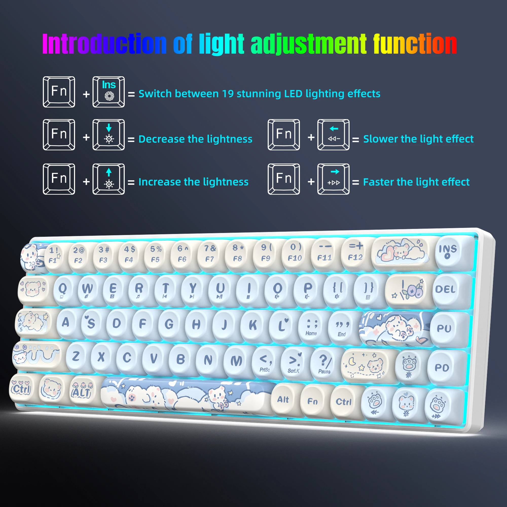 Mechanical Keyboard 65% Compact Layout Gaming Keyboard with PBT MOA Profile Sublimation Keycaps Swap Switch Ice Blue Backlit