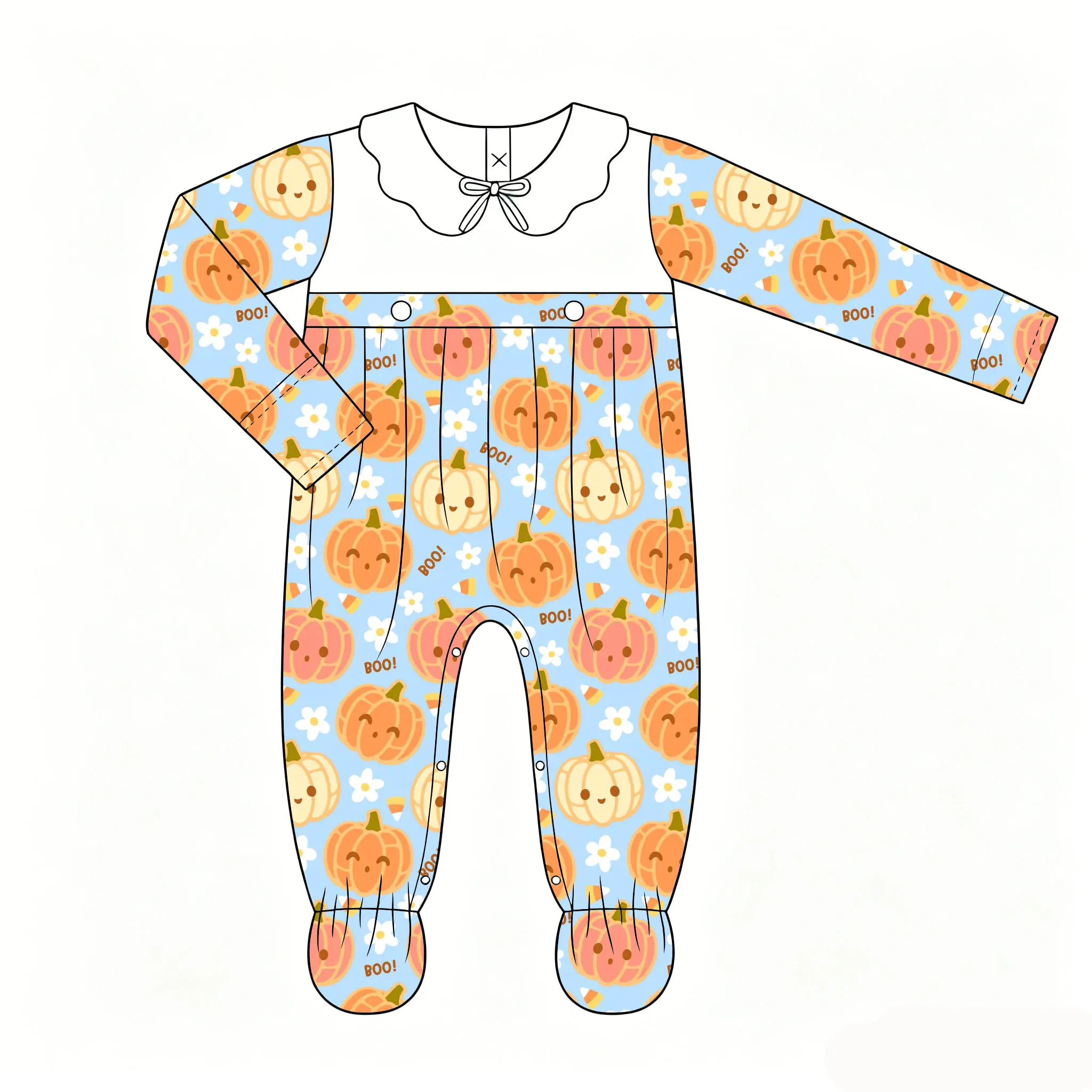 Boutique girls' rompers with Peter Pan collar long sleeves and trousers Binding feet design Thanksgiving pumpkin print Custom