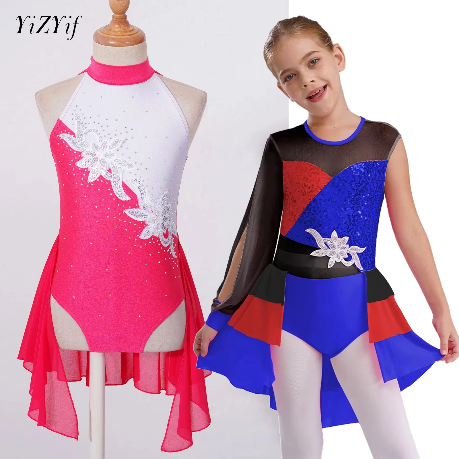 

Ballet Dance Dress Girls Child Figure Skating Jersey One Shoulder Tiered Ruffled Skirted Leotard Rhythmic Gymnastics Ballet Wear