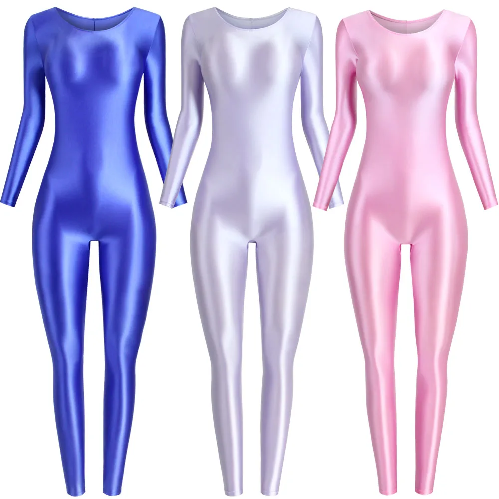 

MJINM Women Shiny Oil One Piece Long Sleeve Zentai Suits Yoga Sports Jumpsuits Glossy Tights Bodysuits Cosplay Fitness Overalls