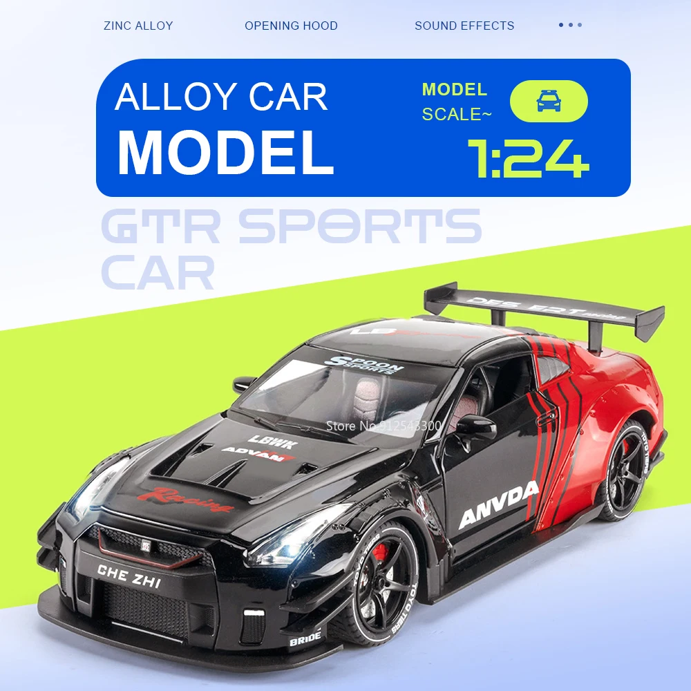 

1:24 Scale GTR Revuelto Car Model Toy Front Wheel Steer Sound Light Cars Pull Back Shock Absorption Vehicle Hobby Collections