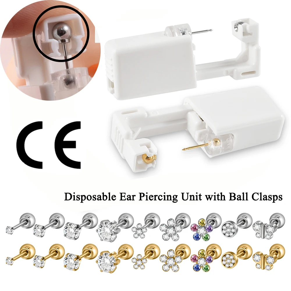 1PC 24K Gold Plated Earring Disposable Ear Piercing Unit Nickel Free Ear Studs with Ball Clasp Safety NO PAIN Piercer Machine