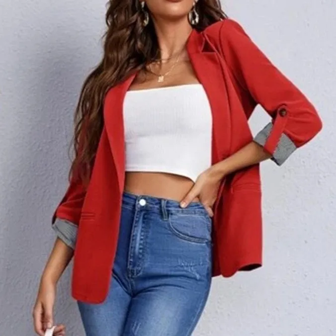 Women Blazer Oversized Notched Collar Women's Blazers Solid Casual Suit Jacket Navy Blue Cropped Blazer Bright Red Crop Top