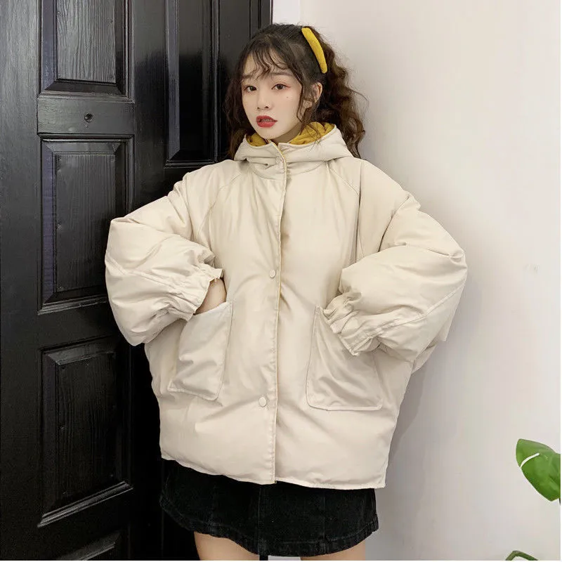 

Winter Coat Women's Solid Color Hooded Single-breasted Double-sided Jacket Wide Warm Fashion Loose Commuter Female Clothing 619