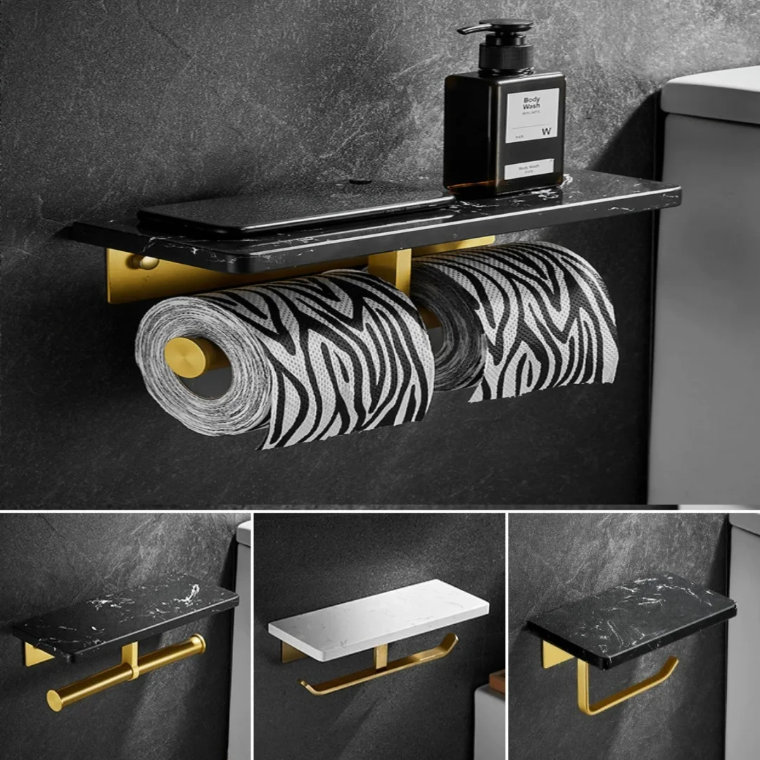 

Black Marble Bathroom Paper Holder with phone Holder Brushed Gold Paper Roll Holder Tissue Holder Rack Toilet Paper Holder