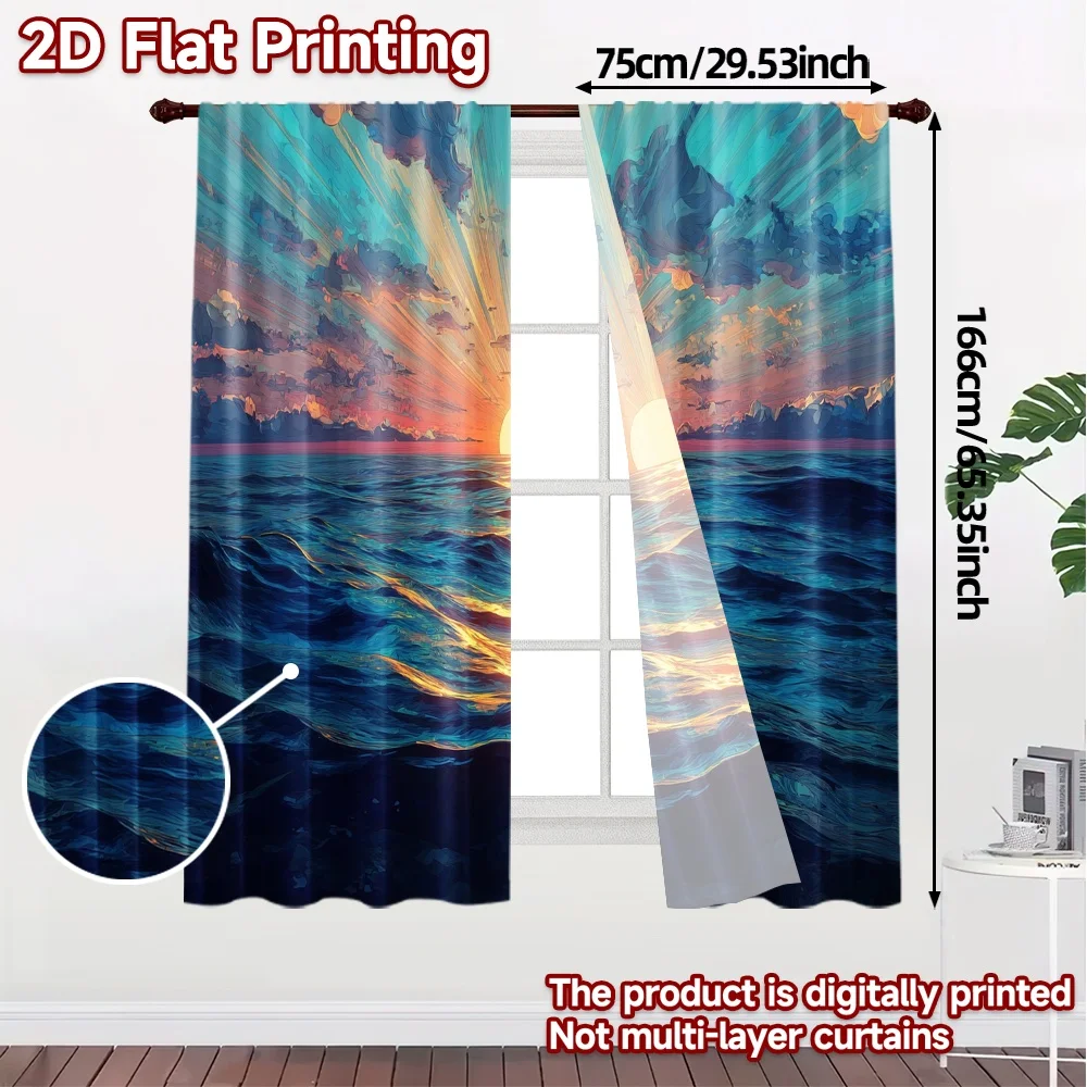 2pcs, 2D FLAT PRINTING Curtains (Without Rod) Sunset Waves Pattern Popular Curtains Versatile Fabric Curtains Room Decor