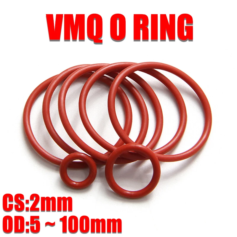 10/50Pcs Food Grade VMQ O Ring Gasket CS 2mm OD 5 ~ 100mm Waterproof Washer Round O Shape Rubber Silicone Ring Red