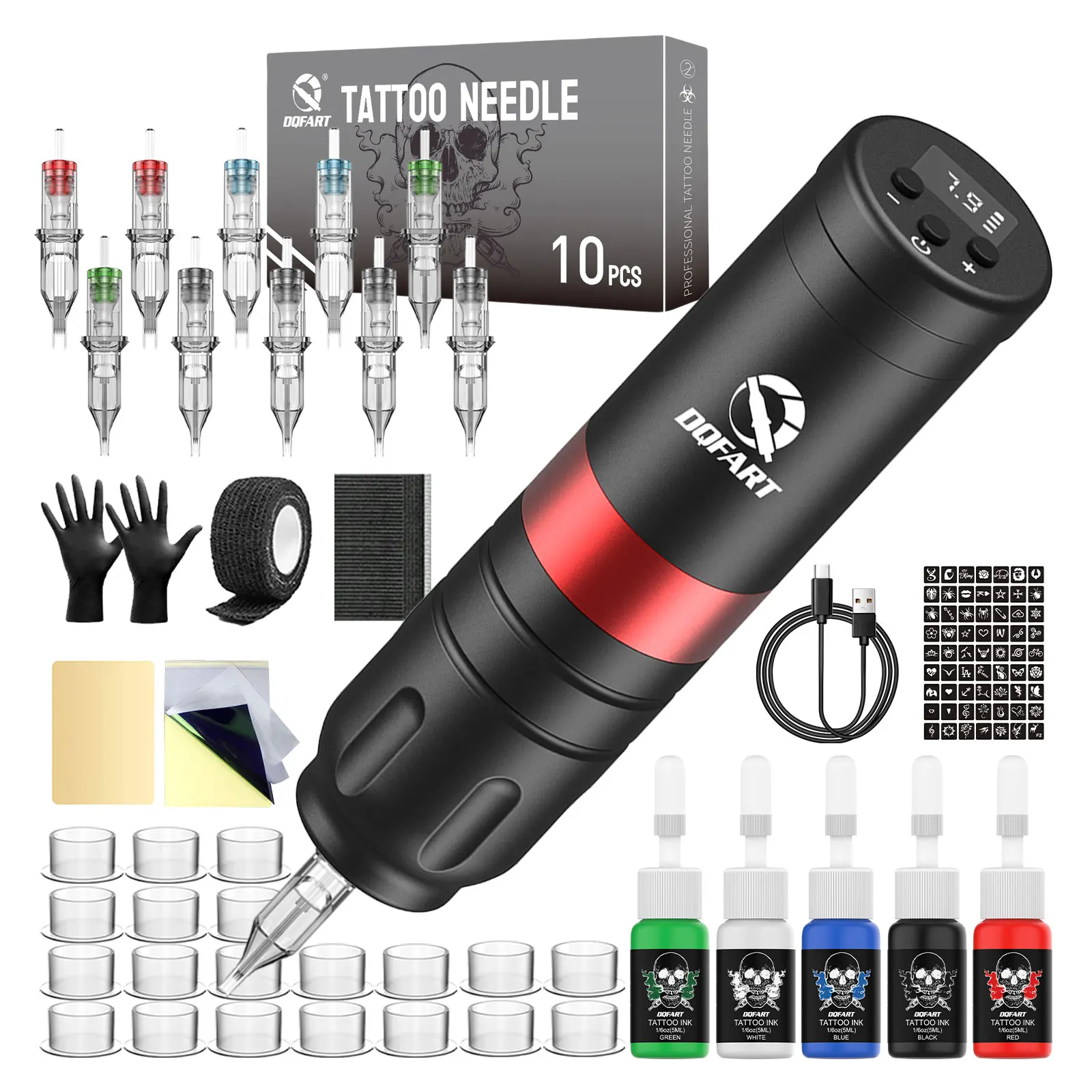 

DQFART Wireless Tattoo Gun Kit, Tattoo Kit Suitable For Beginners And Artists, With 10 Tattoo Needles, 5 Tattoo Ink