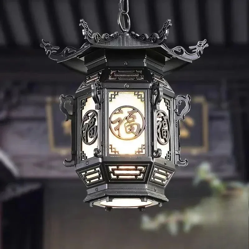 Chinese Lantern Pendant Lamps Outdoor Waterproof LED Brown Retro Chandelier for Home Hotel Corridor Decor Electricity