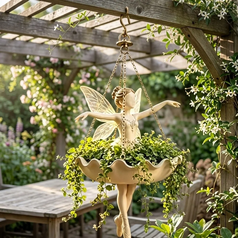 Winged Fairy Ballerina Resin Figurine Hanging Plant Holder Flower Basket Plant Balcony Patio Garden Outdoor Home Wall Decoration