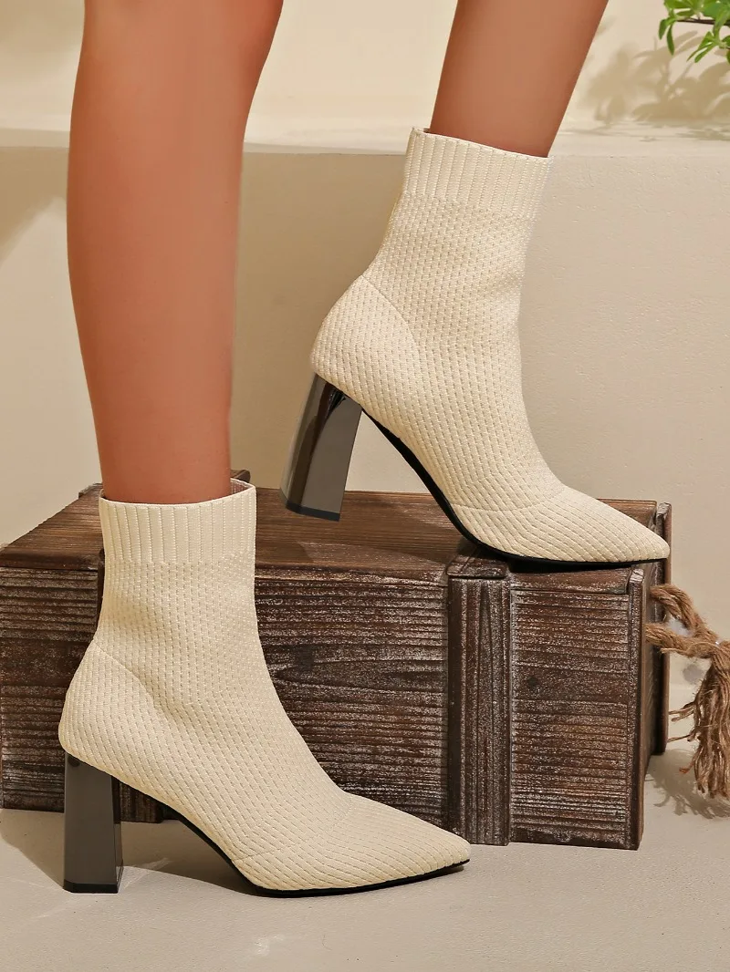 Women High Heels Ankle Sock Boots Knitting Pointed Toe Shoes Chelsea Pumps Boots 2024 Winter New Designer Chunky Zapatos Mujeres