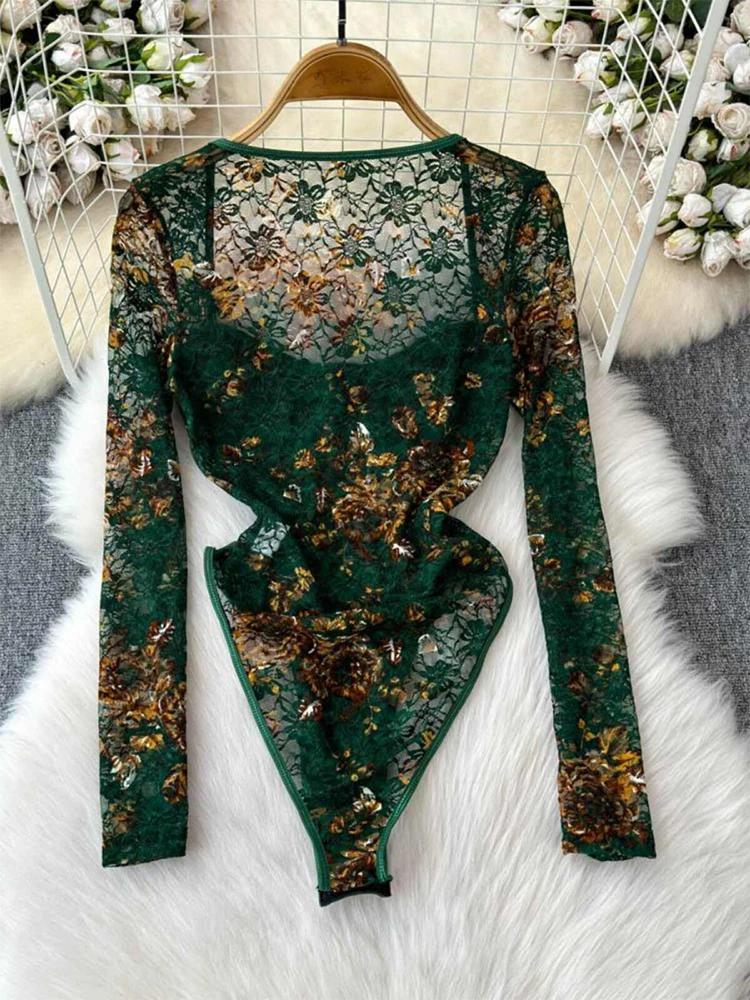 Women's Green Lace Jumpsuits Vintage Skinny Playsuits Harajuku Long Sleeve Square Collar Exotic Sexy Rompers Coquette Clothes