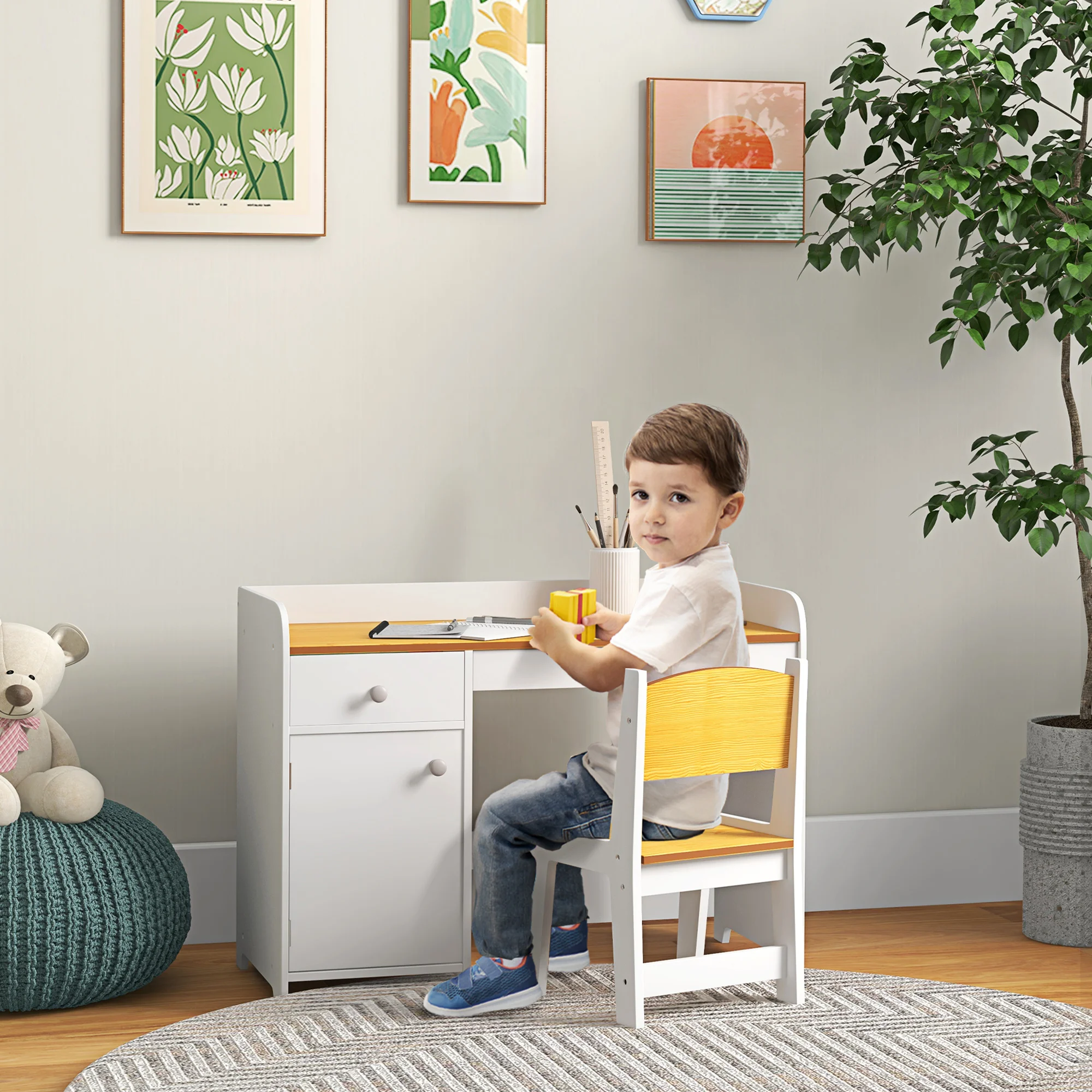 ZONEKIZ Pupitre Infantil Escritorio para Niños con Silla Blanco y Natural