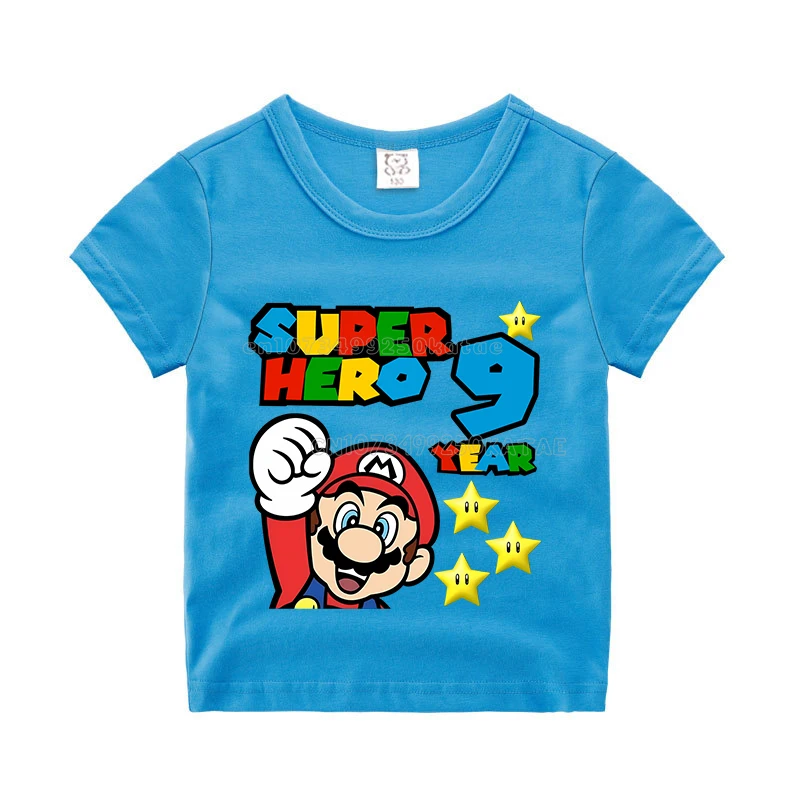سوبر ماريوس الاطفال عدد تي شيرت الصبي عيد ميلاد الملابس الأزرق قصيرة الأكمام طفل القطن المحملة الصيف أنيمي الكرتون الأطفال قمم