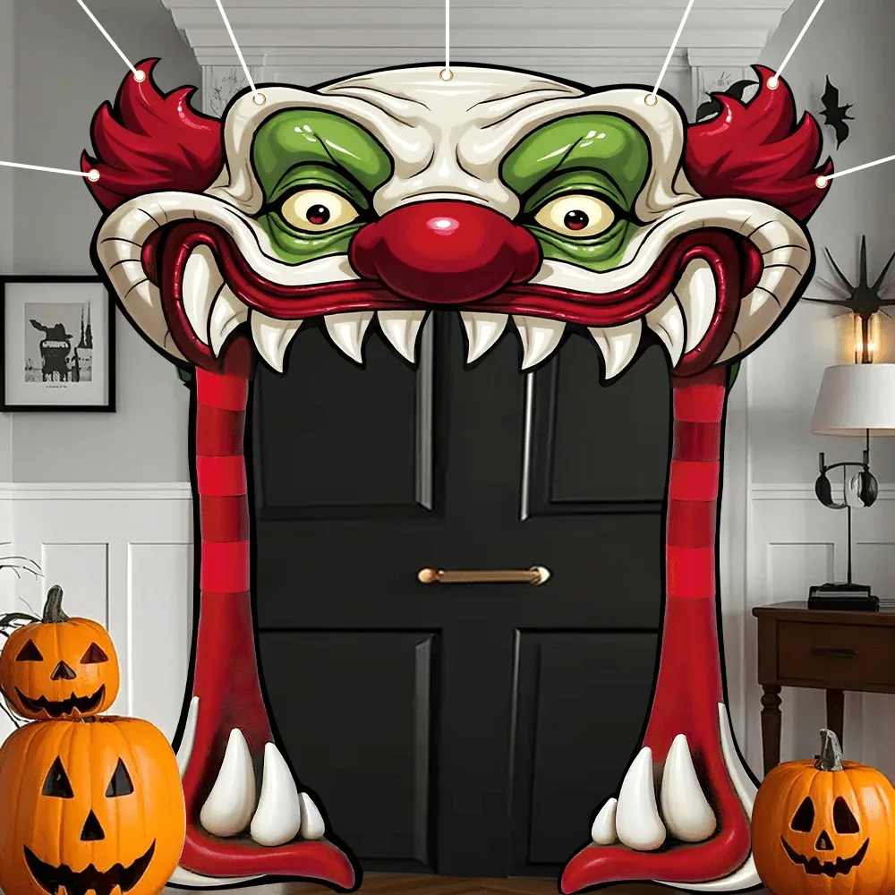Halloween Gruseliger Clown Türbanner Hintergrund Polyester Große Gruselige Clown-Gesicht Türrahmen-Deko für Halloween-Party Foto-Requisiten