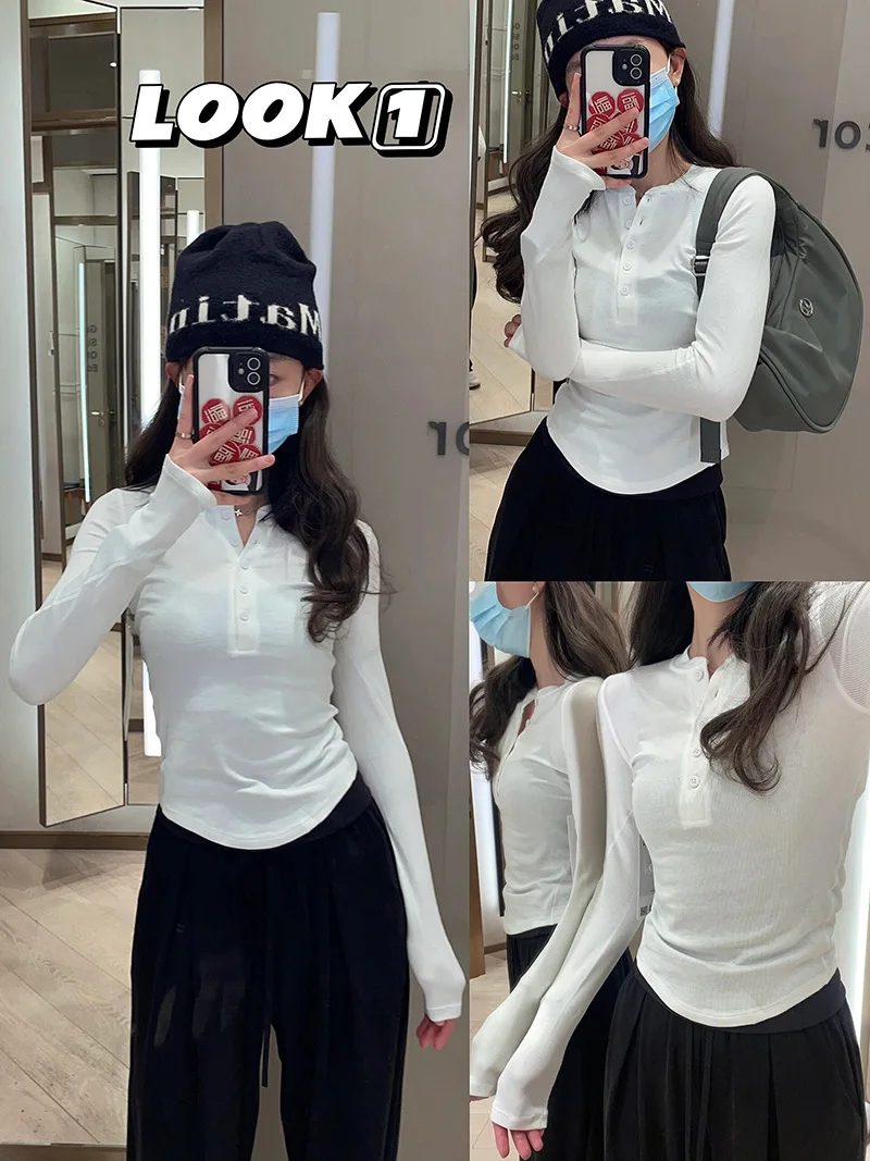 Unterhemd für Damen im Herbst und Winter, langärmeliges T-Shirt mit V-Ausschnitt, schmal geschnittenes, tief ausgeschnittenes Henry-Shirt mit halb offenem Kragen, Oberteil. – Detail 3