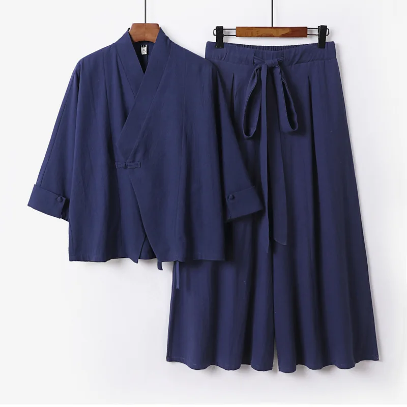 Large Size 3XL-9XL Men Japanese Kimono Cardigan Yukata Haori Set Chinese Style Hanfu Shirt Pants Suit Harajuku Samurai Costume