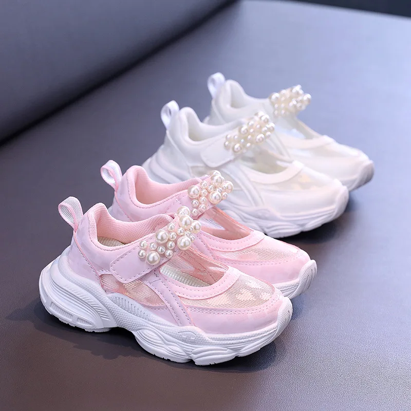 

2026 Summer New Girls Solid Color Mesh Hollow Sneakers Kids Pearl Solid Color Platform Shoes