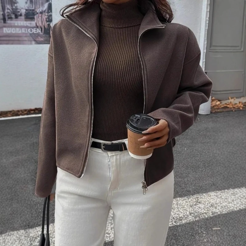 2025 Autumn and Winter Street Wind Ladies' Fashion Casual Jacket Simple Solid Color Woolen Jacket