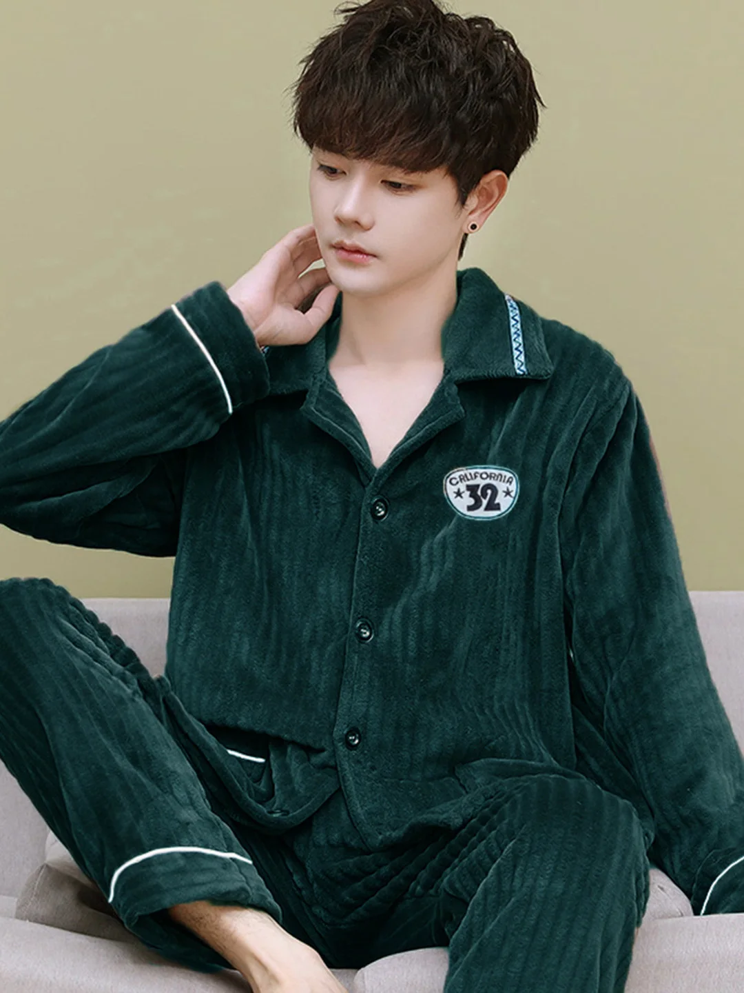 Men's Thickened Flannel Pajamas Coral Fleece Home Clothes Cardigan Set Long Sleeve Long Pants Soft Warm Winter Autumn Sleepwear