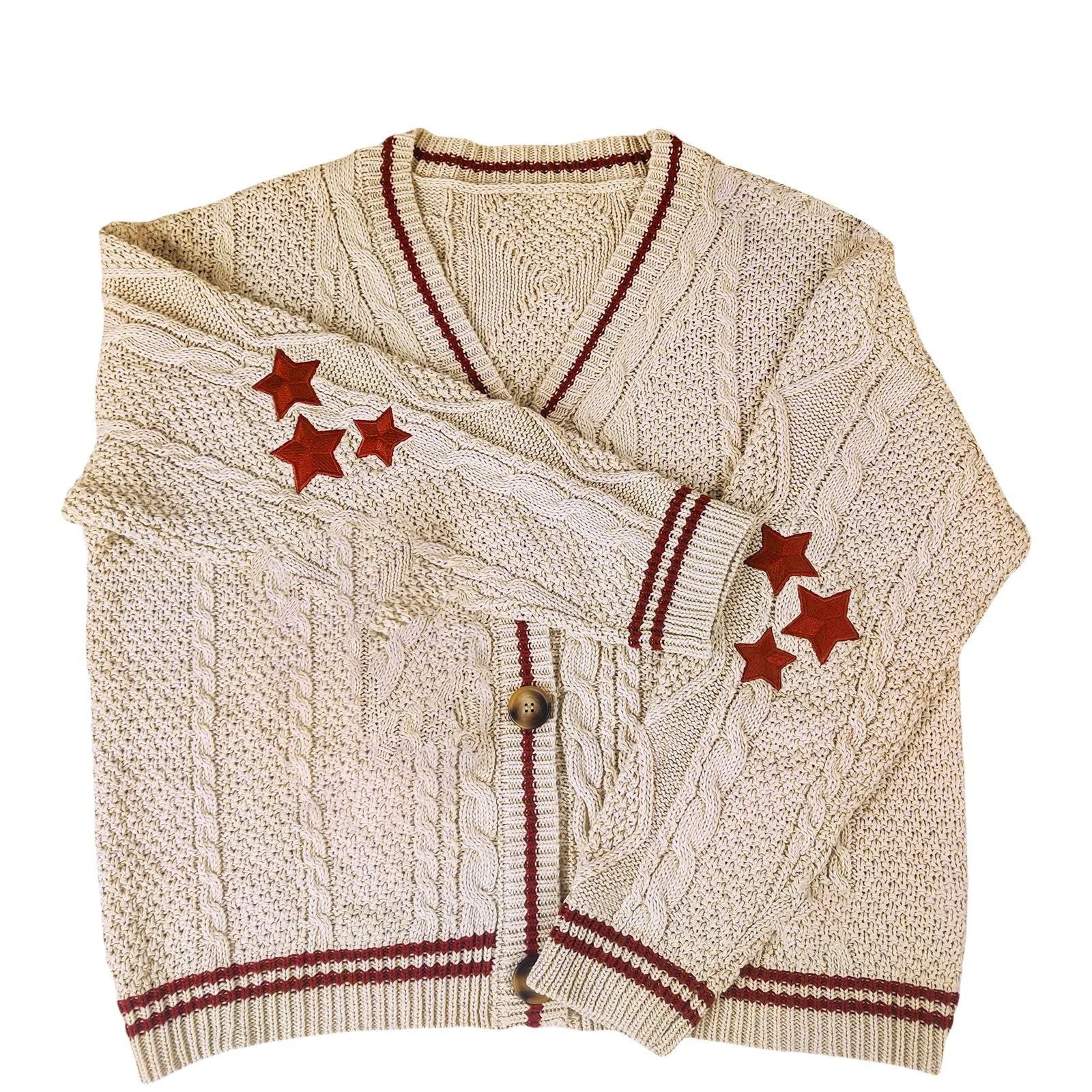 Autumn Winter Fashionable Cardigan Sweater Retro Star Print Cute Buttoned V-neck White Long-sleeved Loose Jacket Y2K Sweater