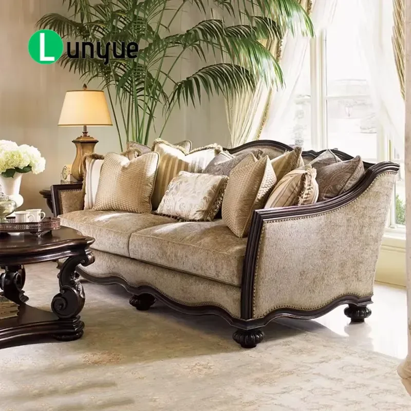 American Retro Solid Wood Carved Floral Upholstered 3 Seater Sofa French Straight Line Design Custom Living Room Villa