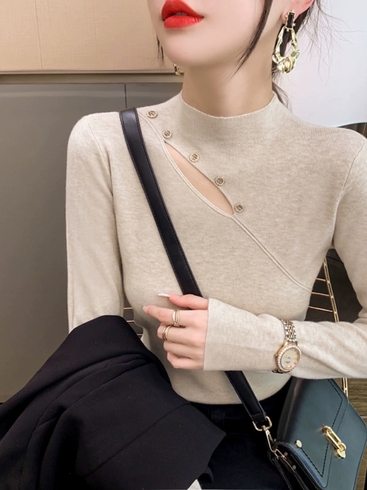 المرأة محبوك طبقة قاعدة أعلى الجوف خارج تصميم سليم صالح f عالية طوق الخريف الشتاء Faionable ملابس داخلية عادية Sle