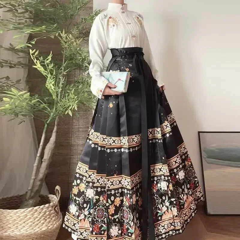 Falda plisada de cara de caballo Hanfu de la dinastía Ming para mujer, conjunto de camisa y falda negra, azul y roja, falda Hanfu tradicional china de talla grande