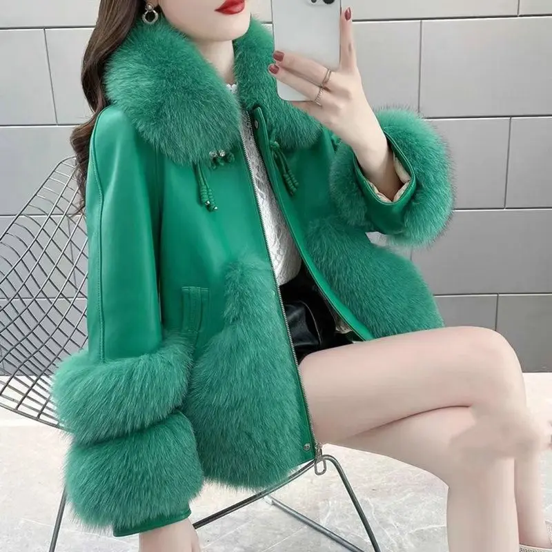 Women Faux Fur Coat Imitation Fox Fur Collar Thick Leather Outwear Loose Solid Color Short Jacket Fashion Casual Warm Outcoat