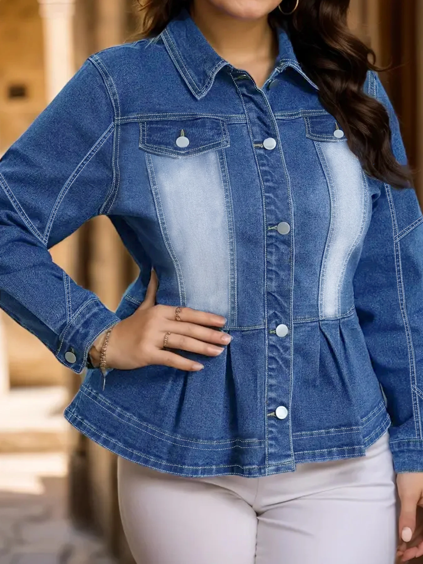 Plus Size Women's Peplum Waist Denim Jacket, Vintage Lapel Long Sleeve Slim Fit Jacket, Elegant Versatile Commuter Top