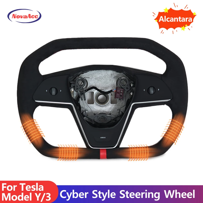 New Cyber ​​Style Steering Wheel For Tesla Model Y 2017 to 2024 Model 3 2021 to 2023 Heating Alcantara Nappa Car Accessories