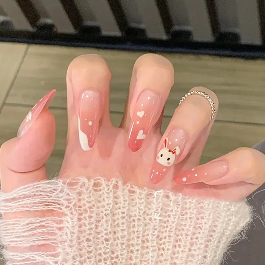 

French Style White Gradient Fine Glitter Nail Art Plate Slender and Beautiful Fake Nails Press on Nail Plate with Jelly Glue