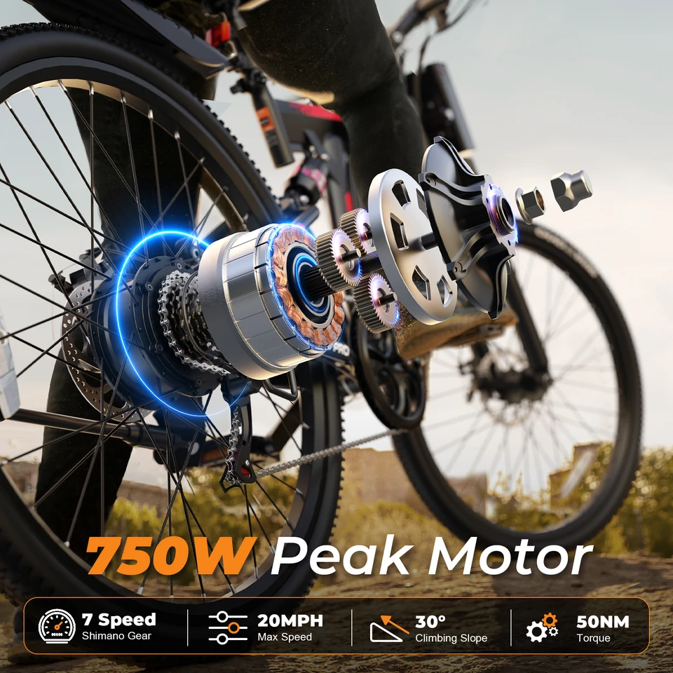 VARUN M26-3 Pro Adult Electric Bike, 750W Peak Power Electric Road Bicycle, 48V 7.8Ah Battery, 26" MTB Mountain Ebike, 20MPH image 6