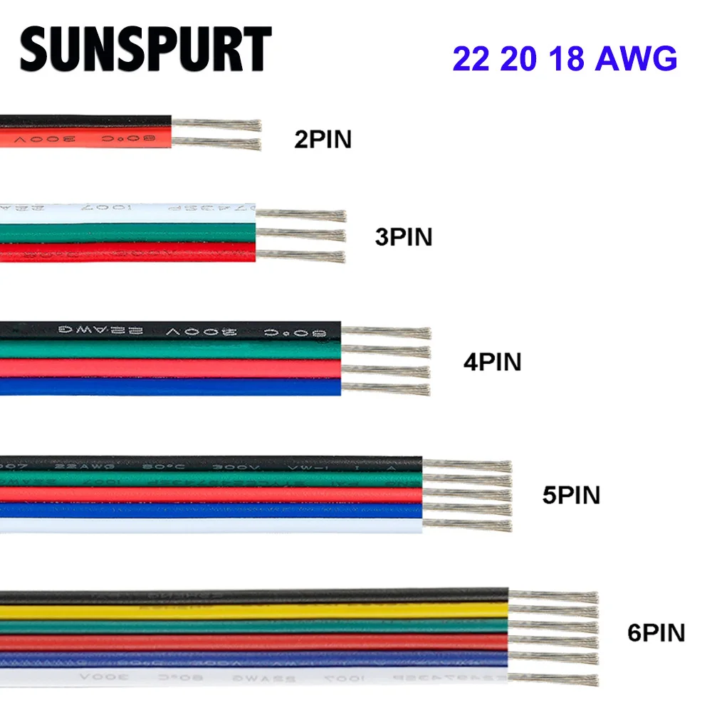 2/3/4/5/6 Pin Electrical Wire Cable 18/20/22AWG Cable JST SM Connector Electric Cable For WS2812B RGB RGBW 5050 LED Strip Light