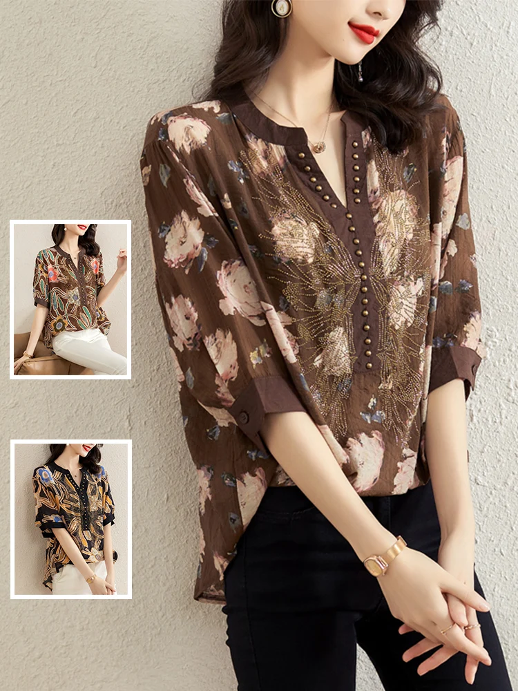 

Retro Silk Cotton Printed Heavy Rhinestone Faionable irt Large Size Women's V-ne ort Sve Conceal Meat Anti-aging T...