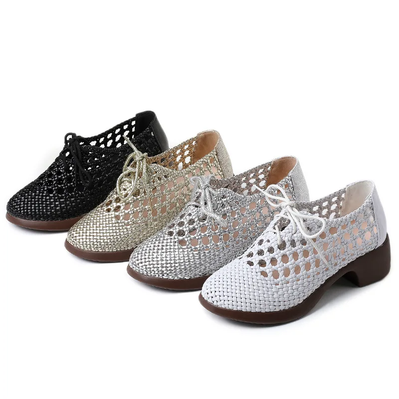 GKTINOO Genuine Leather Woven Thick Heels Women\'s Shoes 2024 Summer New Lace-up Soft Sole Casual Hollow Breathable Sandals