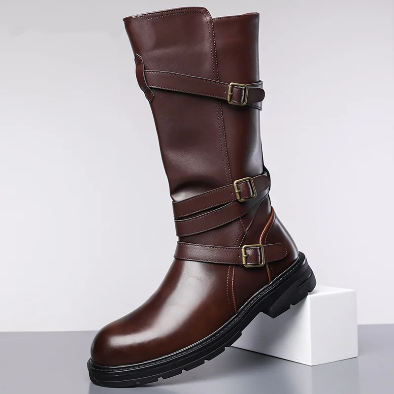 

big size men luxury fashion cosplay stage high motorcycle boots black brown genuine leather shoes cowboy long boot knight botas