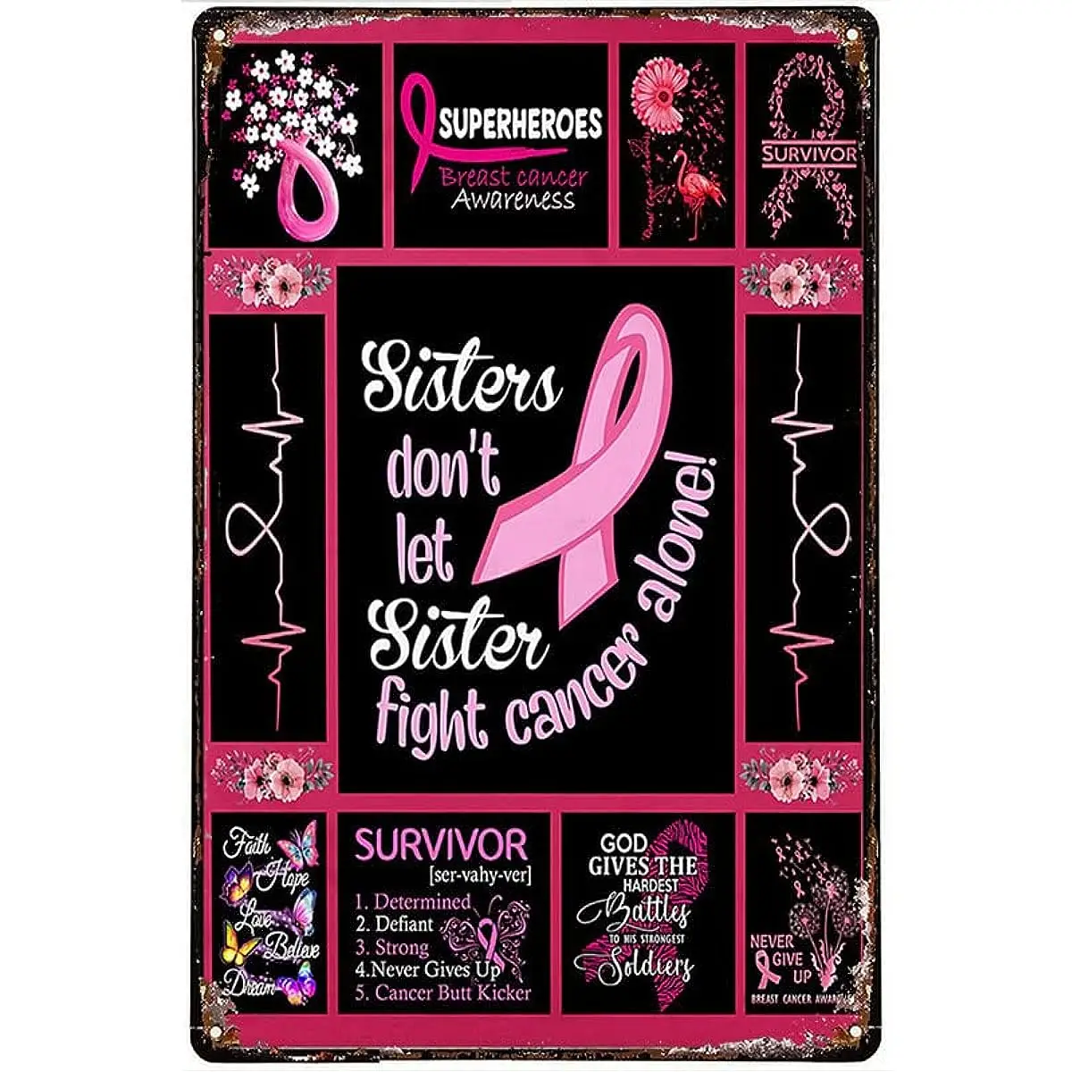 Plate Tin Sign Sisters Don’T Let Sister Fight Cancer Alone Breast Cancer Awareness Metal Tin Sign Indoor Outdoor Public 12x8 In