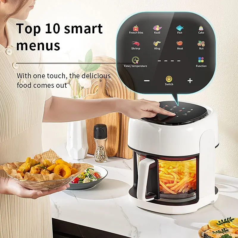 4.5L Smart Electric Air Fryers Oil-free Automatic Household Kitchen 360°Baking Convection Oven Deep Fryer Visible Window EU 220V