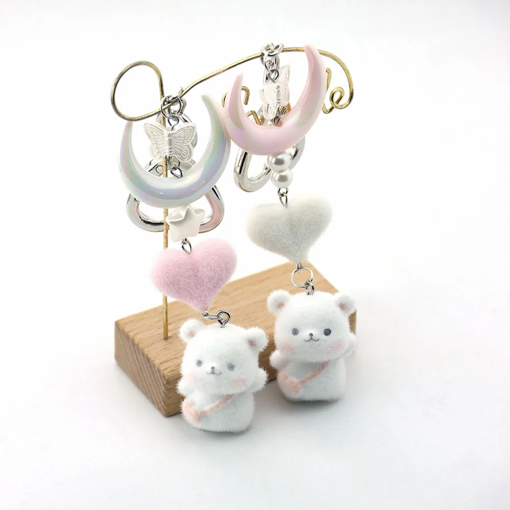 New 3D Flocking Resin Love Keychain Backpack Bear Crescent Moon Pendants for Bags Charms Car Ornaments Making DIY Crafts