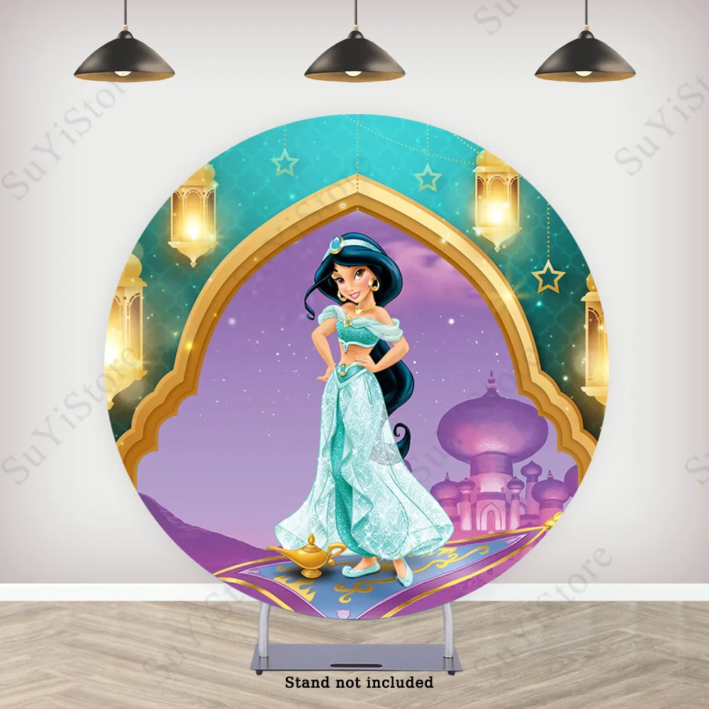 Aladdin Jasmine Round Photo Backdrop Girls Birthday Disney Princess Theme Circle Photography Background Cylinder Covers