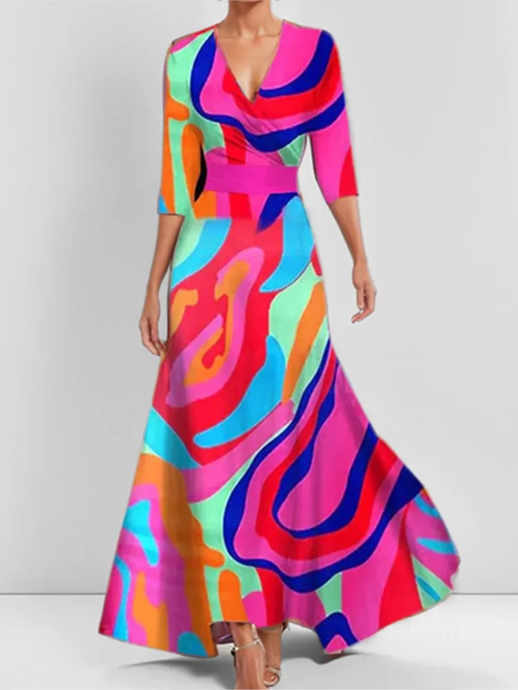 

Summer Elegant Printing V Neck Belted Party Long Dress Women Fashion Sexy Boho Maxi Dresses Short Sleeve Pocket Femlae Holiday