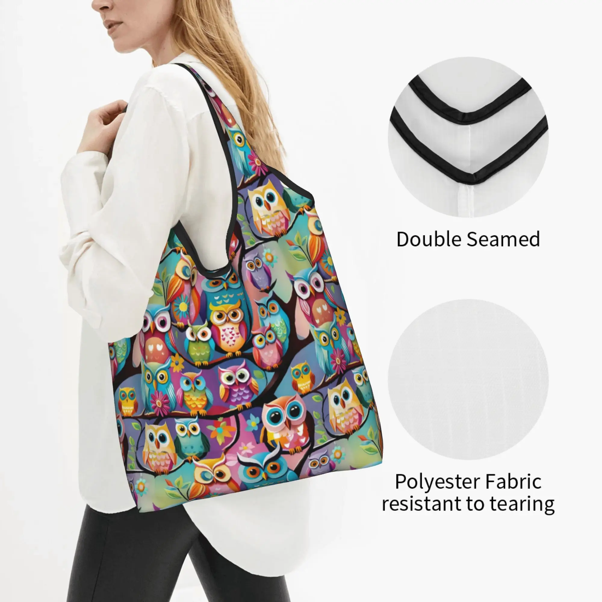 Custom Funny Colourful Creative Owl Printed  Shopping Bags Women Portable Big Capacity Grocery  Shopper Tote Bags
