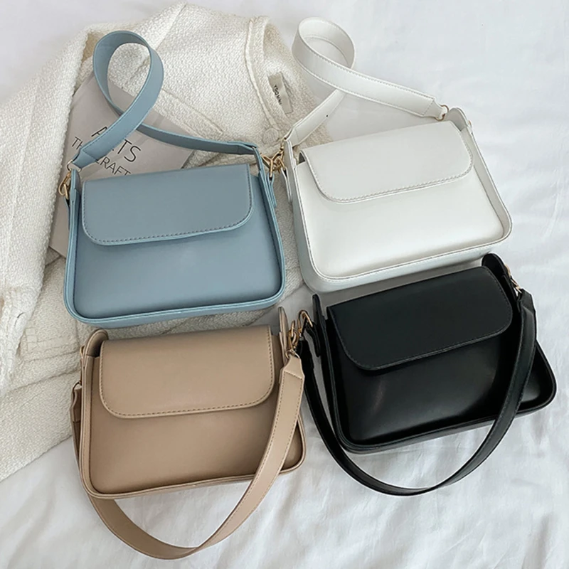 Chic Simple Small Flap Shoulder Bags for Women Solid Color Pu Leather Handbag Clutch Lady Crossbody Purse Messenger Bag