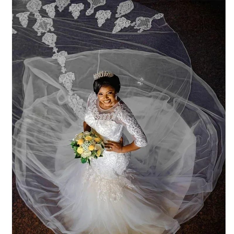 Customized White Mermaid Wedding Bridal Dresses O Neck Half Sleeve Beading Lace Appliques Custom Made Wedding Gowns